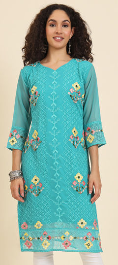 Blue color Kurti in Georgette fabric with Embroidered, Resham, Thread work