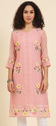 Pink and Majenta color Kurti in Georgette fabric with Embroidered, Resham, Thread work