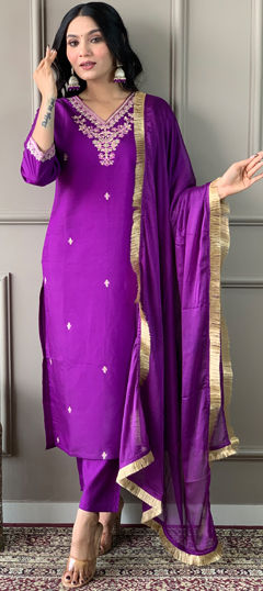 Purple and Violet color Salwar Kameez in Viscose fabric with Embroidered, Resham, Thread work