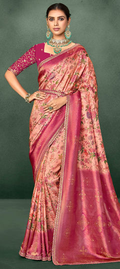 Pink and Majenta color Saree in Silk fabric with Floral, Lace, Printed, Stone, Weaving, Zari work