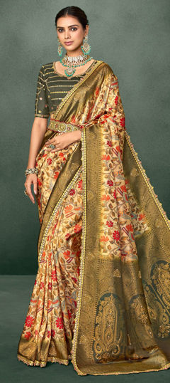 Multicolor color Saree in Silk fabric with Floral, Lace, Printed, Stone, Weaving, Zari work