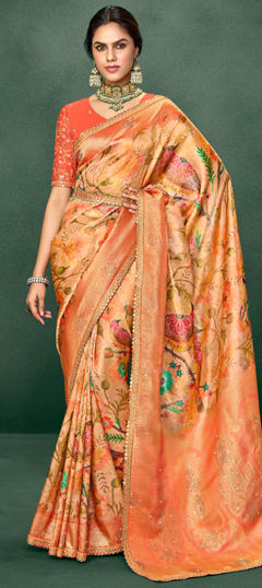 Orange color Saree in Silk fabric with Floral, Lace, Printed, Stone, Weaving, Zari work