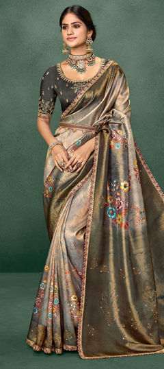 Black and Grey color Saree in Silk fabric with Floral, Lace, Printed, Stone, Weaving, Zari work