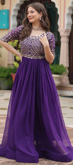 Engagement, Festive, Reception Purple and Violet color Gown in Georgette fabric with Embroidered, Sequence work : 1962962