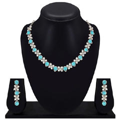 Silver Rodium Polish Blue color Necklace in Metal Alloy studded with CZ Diamond