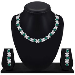 Silver Rodium Polish Green color Necklace in Metal Alloy studded with CZ Diamond