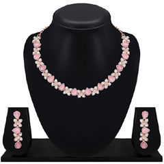 Gold Rodium Polish Pink and Majenta color Necklace in Metal Alloy studded with CZ Diamond