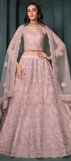 Bridal, Wedding Pink and Majenta color Lehenga in Net fabric with Flared Embroidered, Stone, Thread work : 1963150