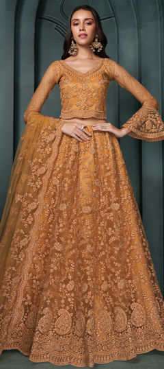 Bridal, Wedding Orange color Lehenga in Net fabric with Flared Embroidered, Stone, Thread work : 1963151