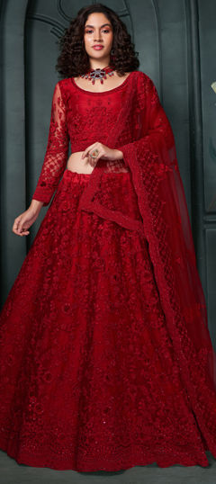 Bridal, Wedding Red and Maroon color Lehenga in Net fabric with Flared Embroidered, Stone, Thread work : 1963152