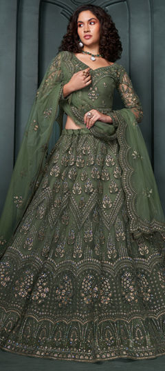 Bridal, Wedding Green color Lehenga in Net fabric with Flared Embroidered, Stone, Thread work : 1963153