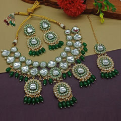 Gold Rodium Polish Green color Necklace in Metal Alloy studded with CZ Diamond, Pearl