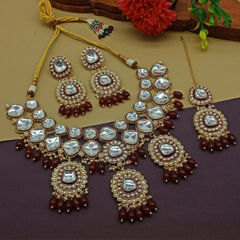Gold Rodium Polish Red and Maroon color Necklace in Metal Alloy studded with CZ Diamond, Pearl