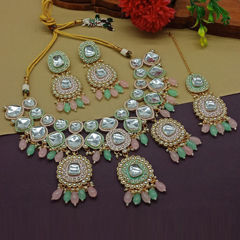 Gold Rodium Polish Green, Pink and Majenta color Necklace in Metal Alloy studded with CZ Diamond, Pearl