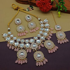 Gold Rodium Polish Pink and Majenta color Necklace in Metal Alloy studded with CZ Diamond, Pearl