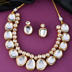 Gold Rodium Polish White and Off White color Necklace in Metal Alloy studded with Kundan