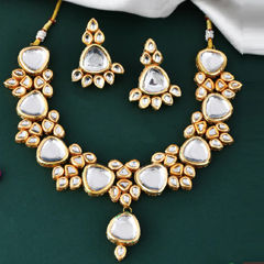 Gold Rodium Polish White and Off White color Necklace in Metal Alloy studded with Kundan