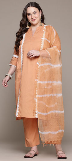 Beige and Brown color Salwar Kameez in Cotton fabric with Bugle Beads, Lace work