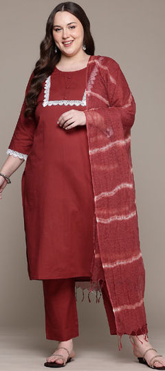 Red and Maroon color Salwar Kameez in Cotton fabric with Bugle Beads, Lace work