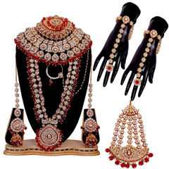 Gold Rodium Polish Red and Maroon color Bridal Jewelry in Brass studded with Austrian diamond