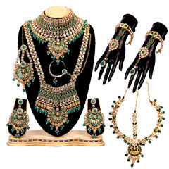 Gold Rodium Polish Green color Bridal Jewelry in Metal Alloy studded with Austrian diamond