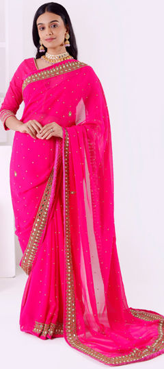 Pink and Majenta color Saree in Georgette fabric with Cut Dana, Moti, Stone, Zircon work