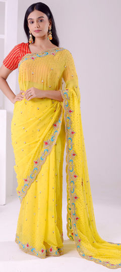 Yellow color Saree in Georgette fabric with Cut Dana, Moti, Stone, Zircon work