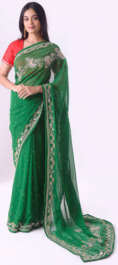 Green color Saree in Georgette fabric with Cut Dana, Moti, Stone, Zircon work