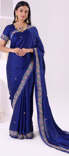 Blue color Saree in Satin Silk fabric with Embroidered, Resham, Stone, Thread work