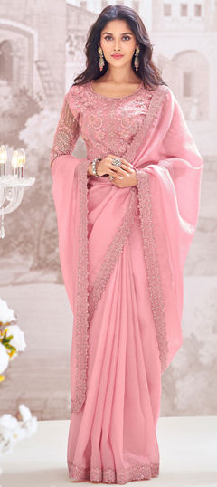 Bollywood, Bridal, Wedding Pink and Majenta color Saree in Chiffon fabric with Classic Embroidered, Resham, Sequence, Thread work : 1963371