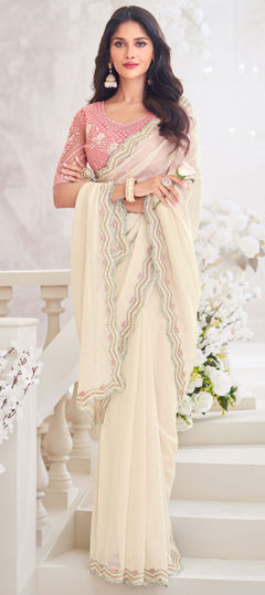 Bollywood, Bridal, Wedding White and Off White color Saree in Chiffon fabric with Classic Embroidered, Resham, Sequence, Thread work : 1963372