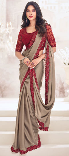 Bollywood, Bridal, Wedding Beige and Brown color Saree in Satin Silk fabric with Classic Embroidered, Resham, Sequence, Thread work : 1963374