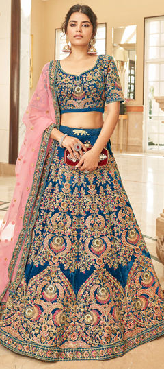 Bridal, Wedding Blue color Lehenga in Velvet fabric with Flared Embroidered, Sequence, Thread, Zari work : 1963407