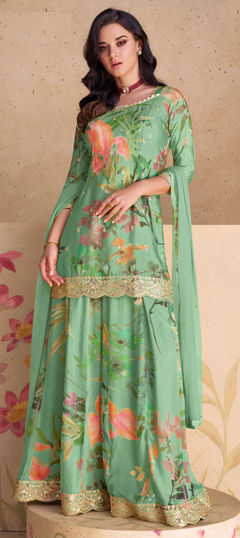 Festive, Party Wear, Reception Green color Salwar Kameez in Silk fabric with Palazzo, Straight Digital Print, Embroidered, Floral, Sequence work : 1963416