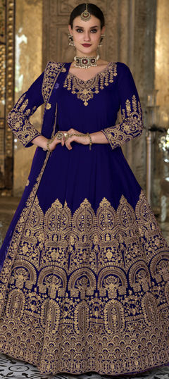 Engagement, Reception, Wedding Blue color Salwar Kameez in Velvet fabric with Anarkali Embroidered, Sequence, Thread, Zari work : 1963430