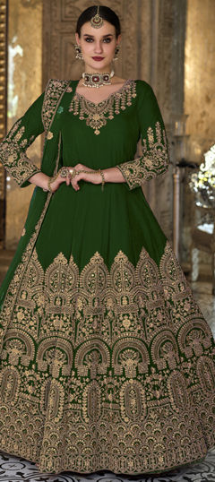 Engagement, Reception, Wedding Green color Salwar Kameez in Velvet fabric with Anarkali Embroidered, Sequence, Thread, Zari work : 1963431