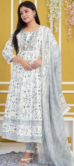 White and Off White color Salwar Kameez in Rayon fabric with Embroidered, Gota Patti, Printed, Sequence work