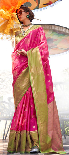 Pink and Majenta color Saree in Handloom fabric with Weaving work