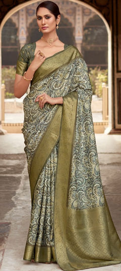 Green color Saree in Silk fabric with Digital Print work