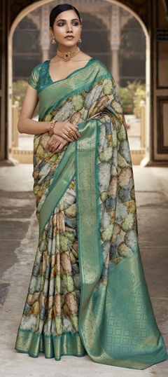 Green color Saree in Silk fabric with Digital Print work