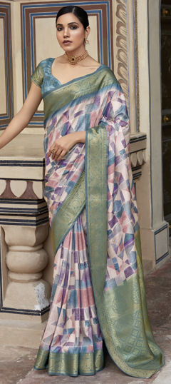 Blue color Saree in Silk fabric with Digital Print work