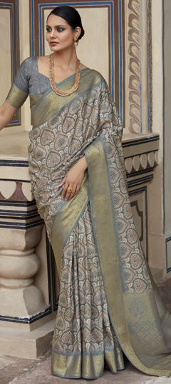 Black and Grey color Saree in Silk fabric with Digital Print work