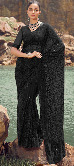 Black and Grey color Saree in Net fabric with Embroidered, Resham, Sequence, Thread work