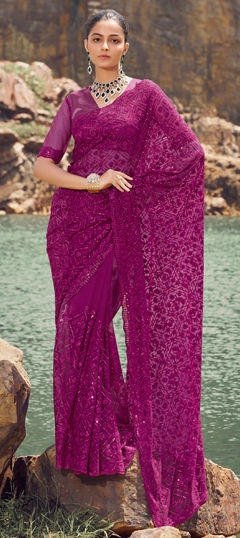 Purple and Violet color Saree in Net fabric with Embroidered, Resham, Sequence, Thread work