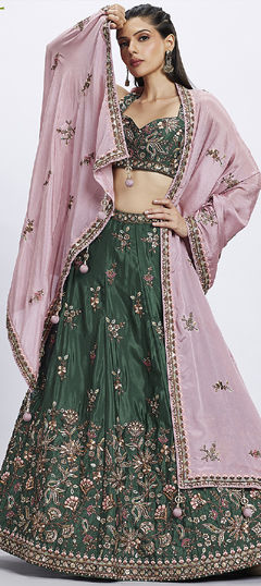 Bridal, Wedding Green color Lehenga in Chiffon fabric with Flared Embroidered, Sequence, Thread work : 1963664