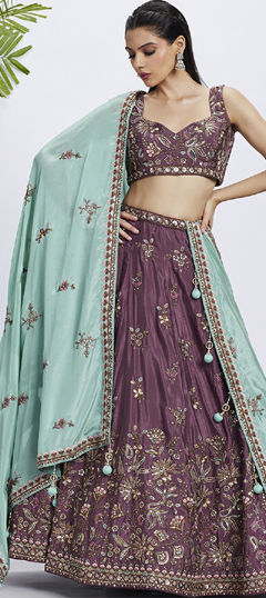 Bridal, Wedding Beige and Brown color Lehenga in Chiffon fabric with Flared Embroidered, Sequence, Thread work : 1963665