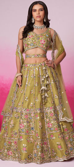 Bridal, Wedding Yellow color Lehenga in Net fabric with Flared Embroidered, Moti, Sequence, Thread work : 1963667