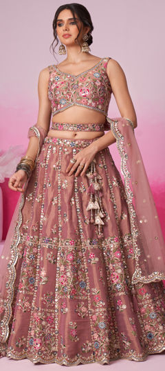 Bridal, Wedding Pink and Majenta color Lehenga in Net fabric with Flared Embroidered, Moti, Sequence, Thread work : 1963668