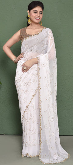 White and Off White color Saree in Georgette fabric with Cut Dana work