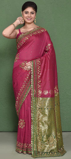 Pink and Majenta color Saree in Kanjeevaram Silk fabric with Cut Dana, Lace, Mirror, Stone, Weaving work